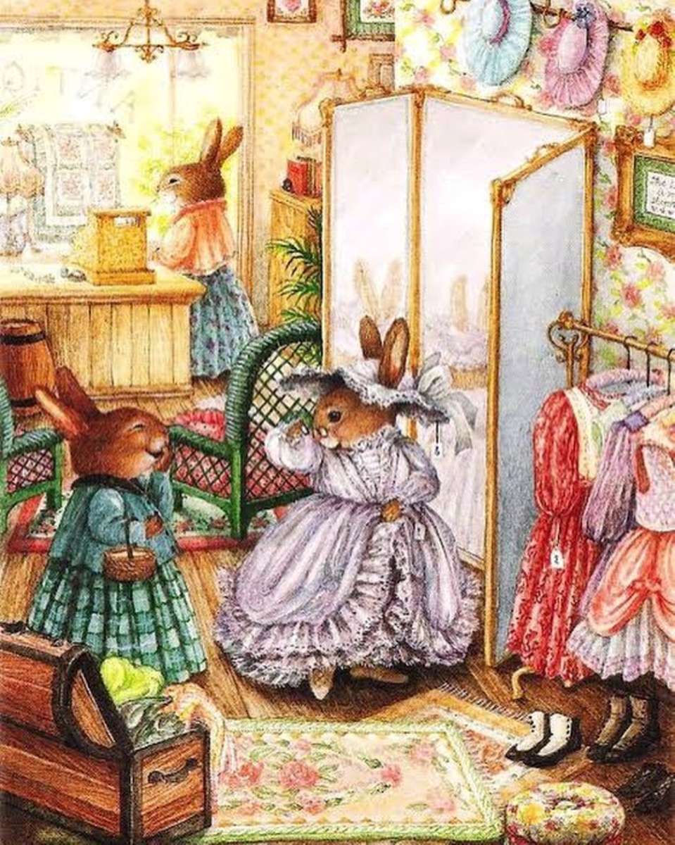 przyjaciele-króliki przymierzający ubrania puzzle online