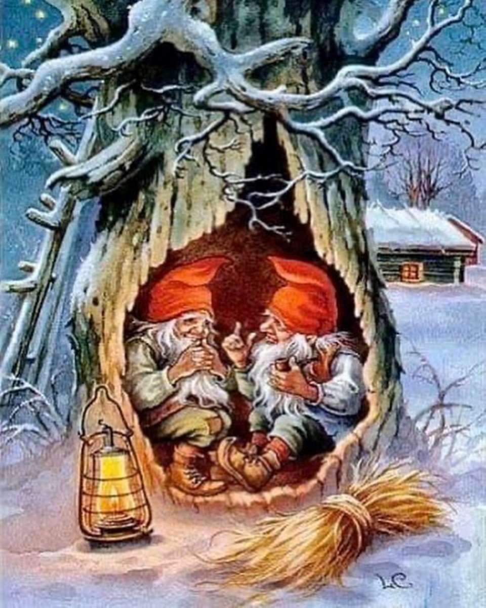 dwa elfy rozmawiające w dziupli drzewa puzzle online