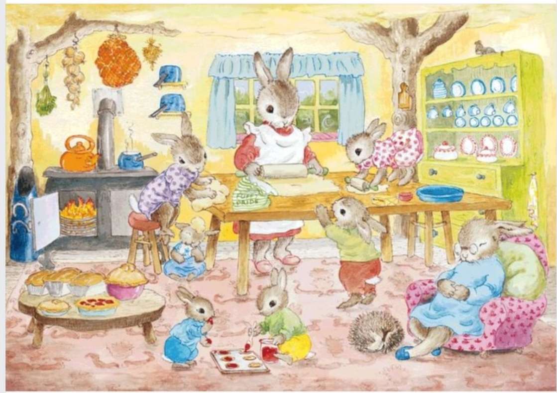 W kuchni z wieloma króliczkami. puzzle online
