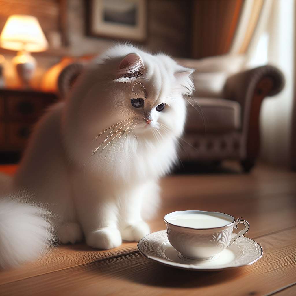 Biały kot patrzy na mleko puzzle online