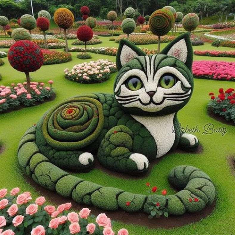 Piękny ogród w kształcie kota puzzle online