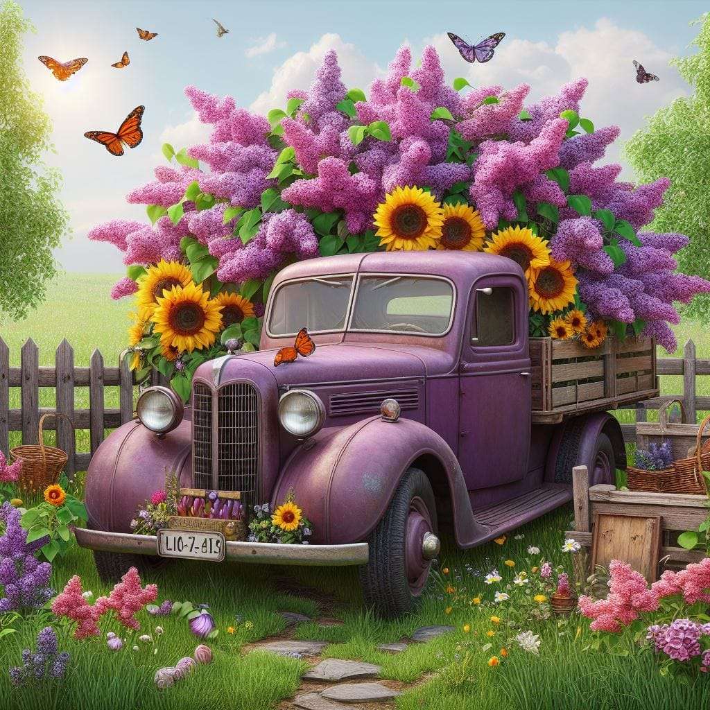 Fioletowy samochód z kwiatami puzzle online