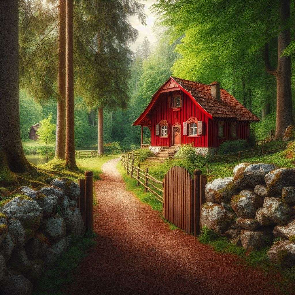 Mała czerwona chatka w lesie puzzle online