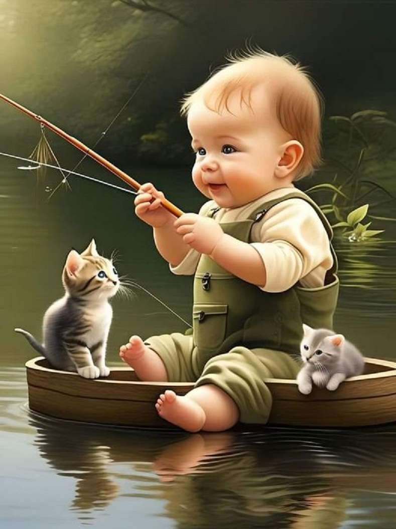 Łowienie dzieci ze słodkimi kociętami puzzle online