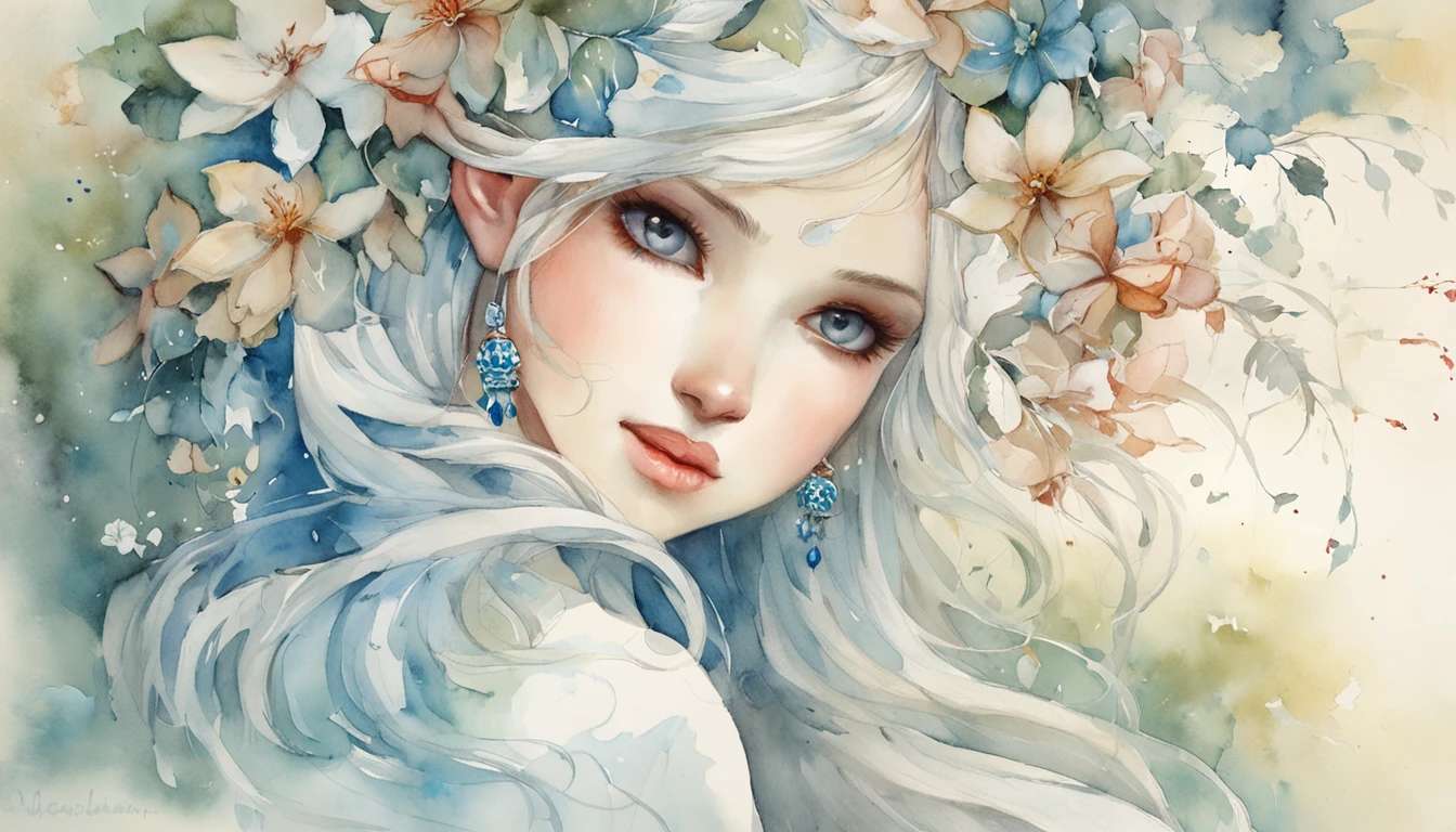 Piękny elf - Kwiaty, niebieskie oczy, długie włosy puzzle online