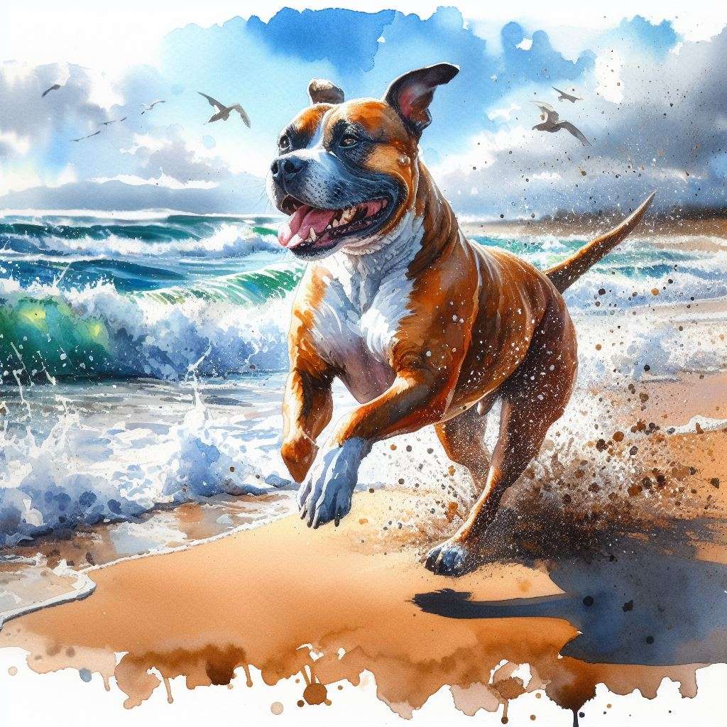 Pies radośnie biegający po piaszczystej plaży puzzle online