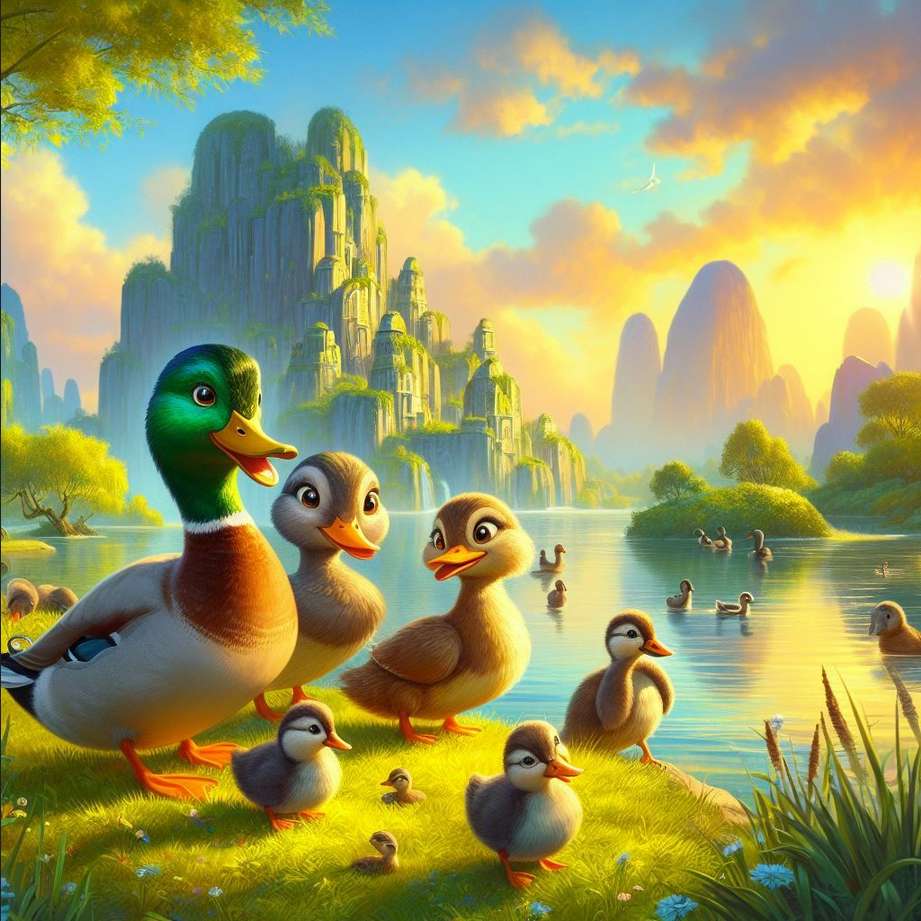 piękny krajobraz dla dzieci kaczki i jezioro puzzle online