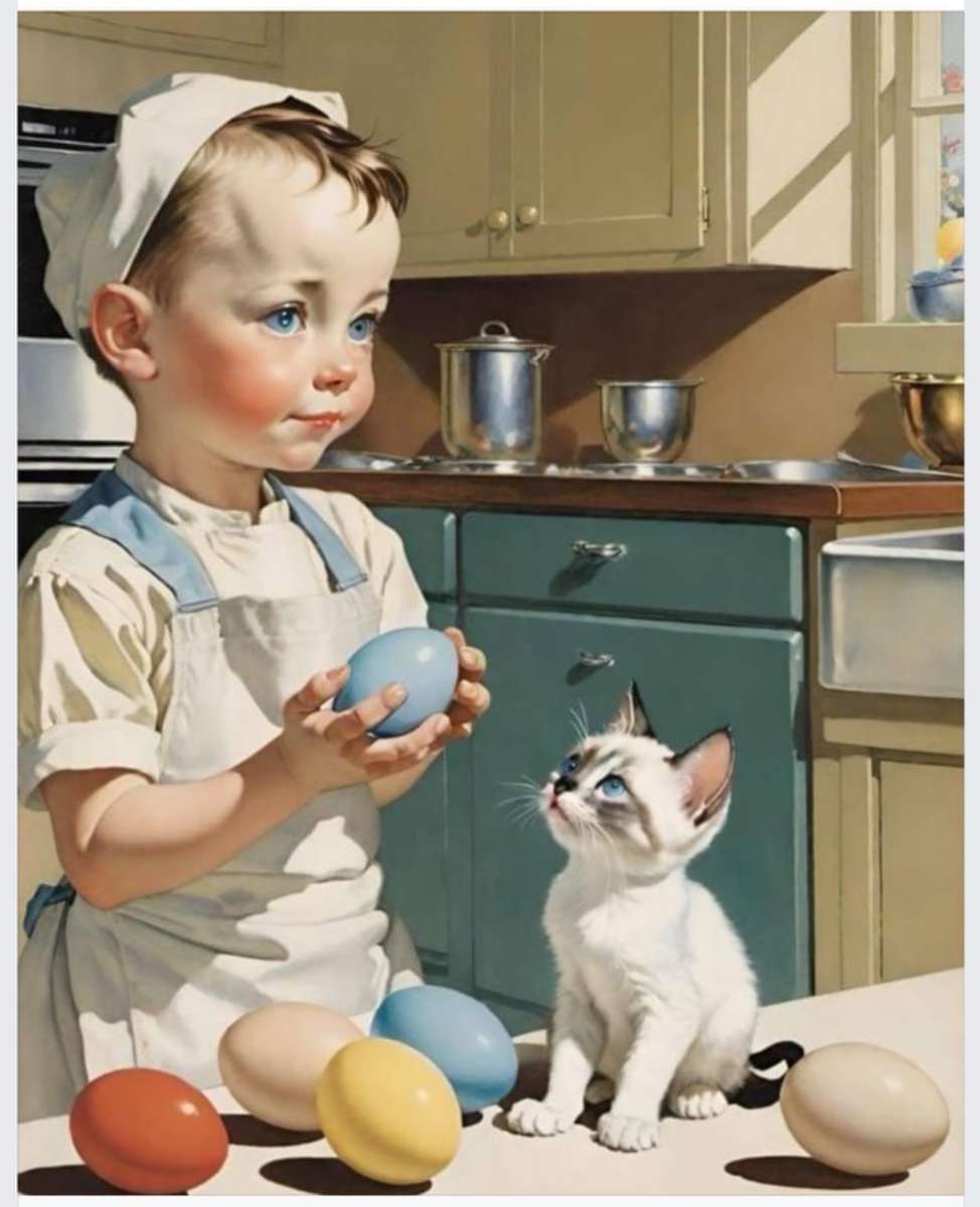 Mały chłopiec i kotek puzzle online