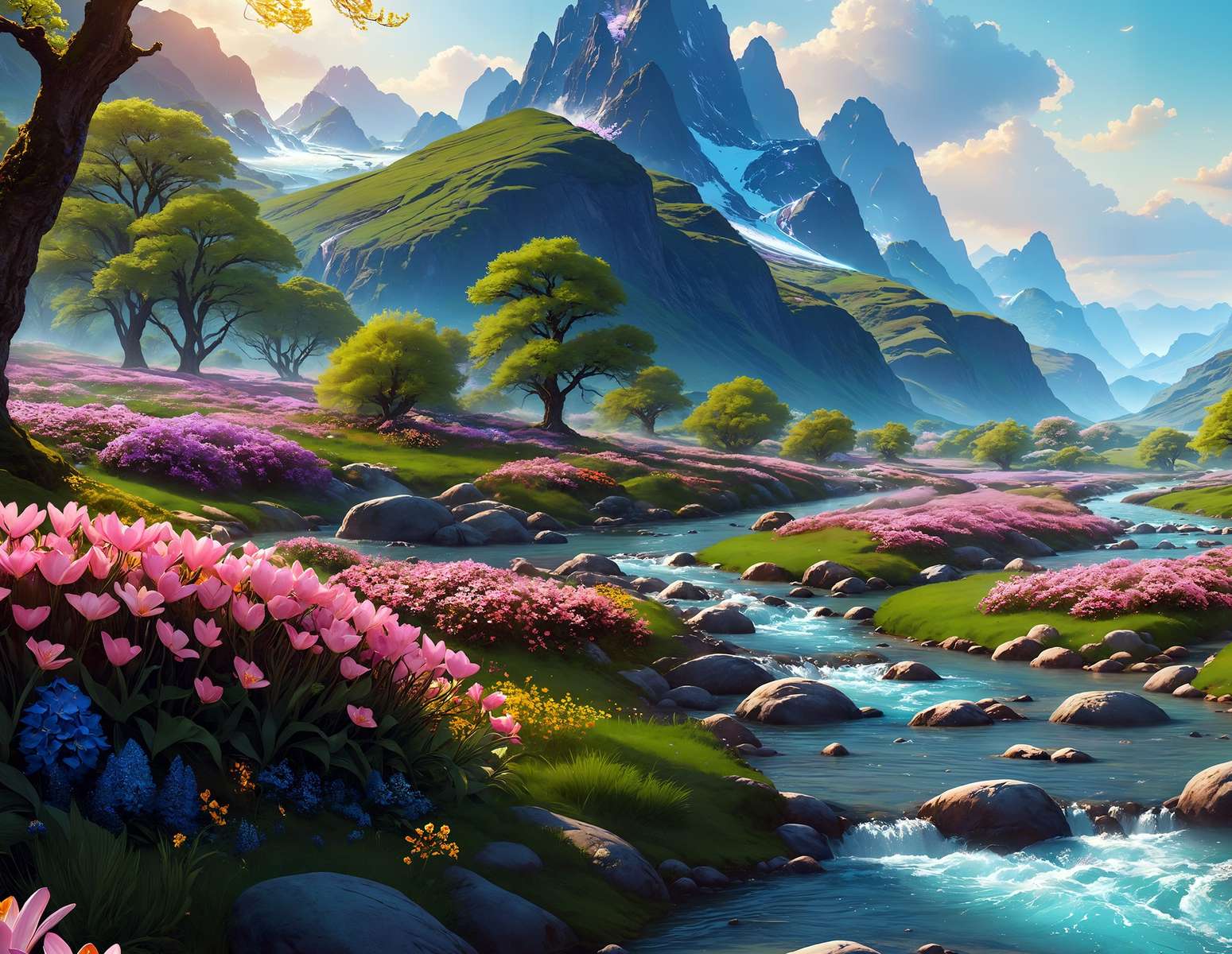 Górski potok i wiosenne kwiaty puzzle online