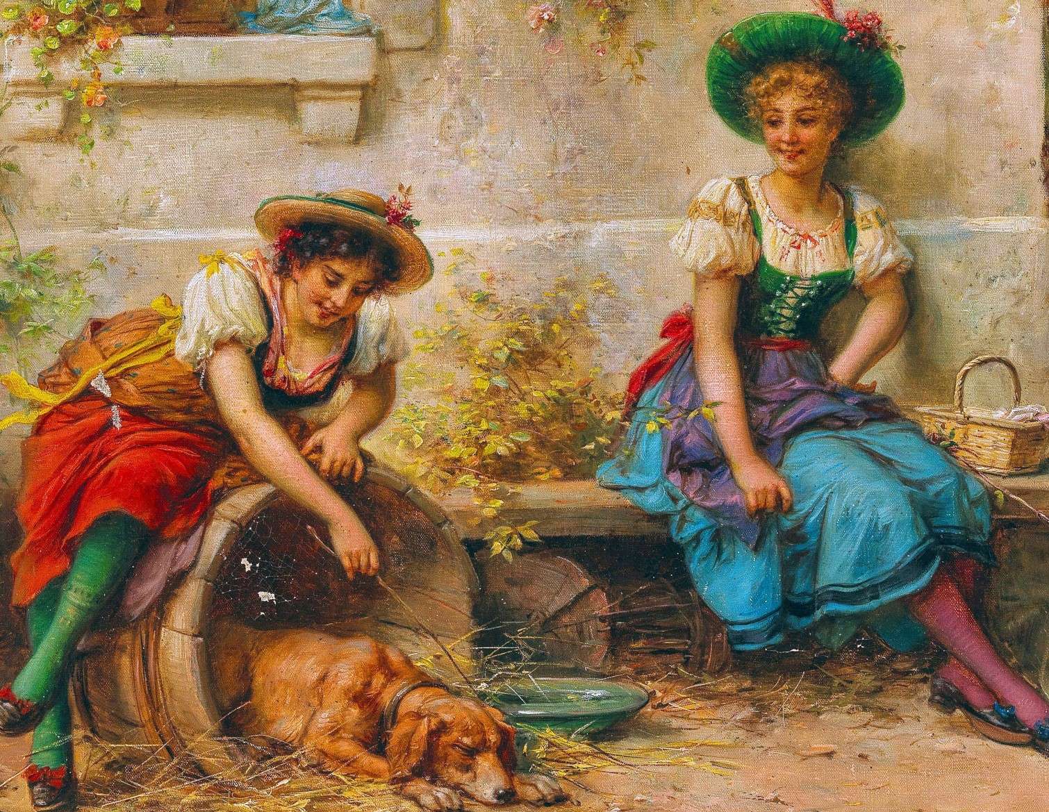 Kobiety i pies na obrazie austriackiego malarza puzzle online