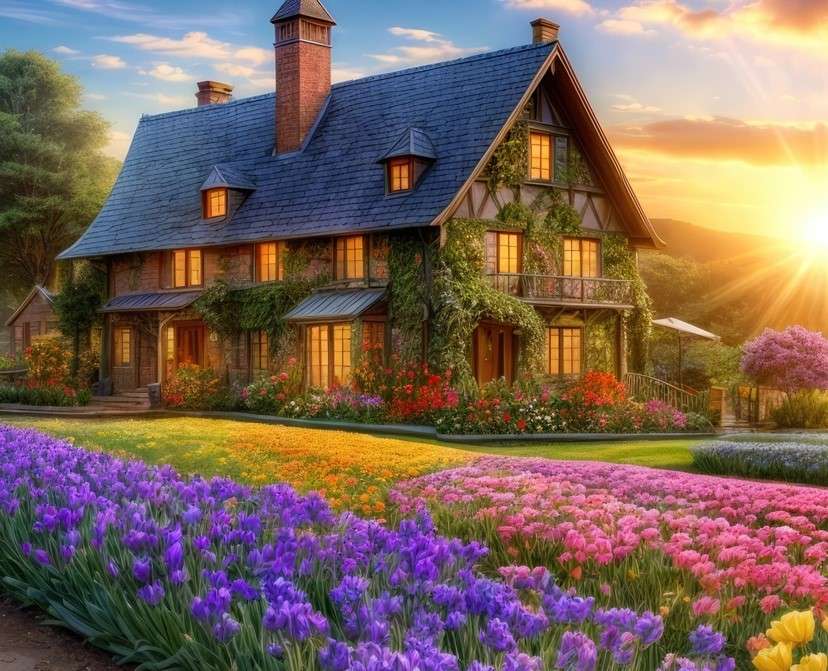 Posesja domu pełna w kwiatach puzzle online