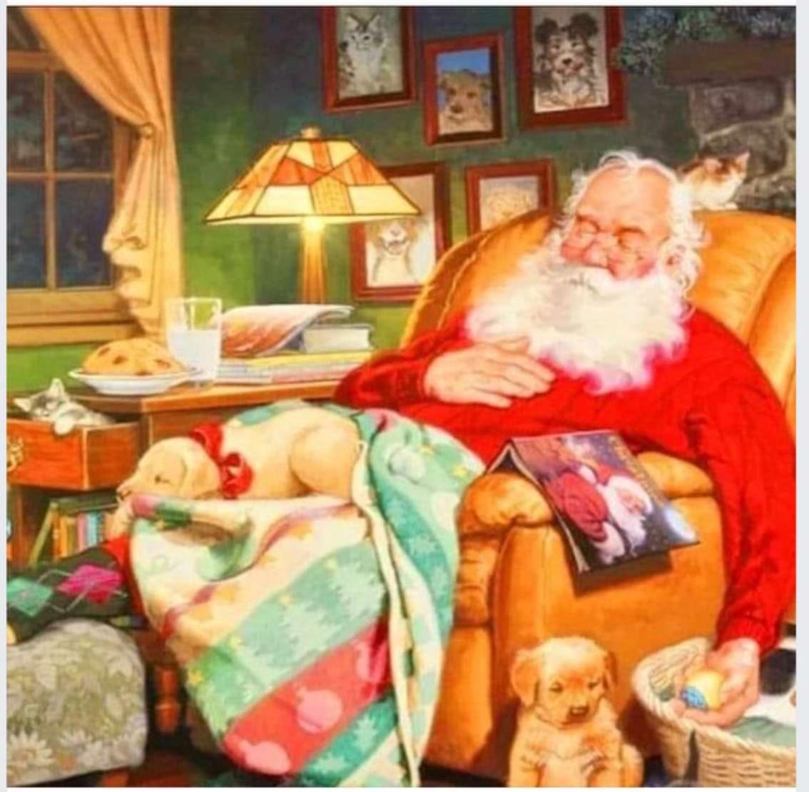 Święty Mikołaj śpi ze swoimi zwierzakami puzzle online