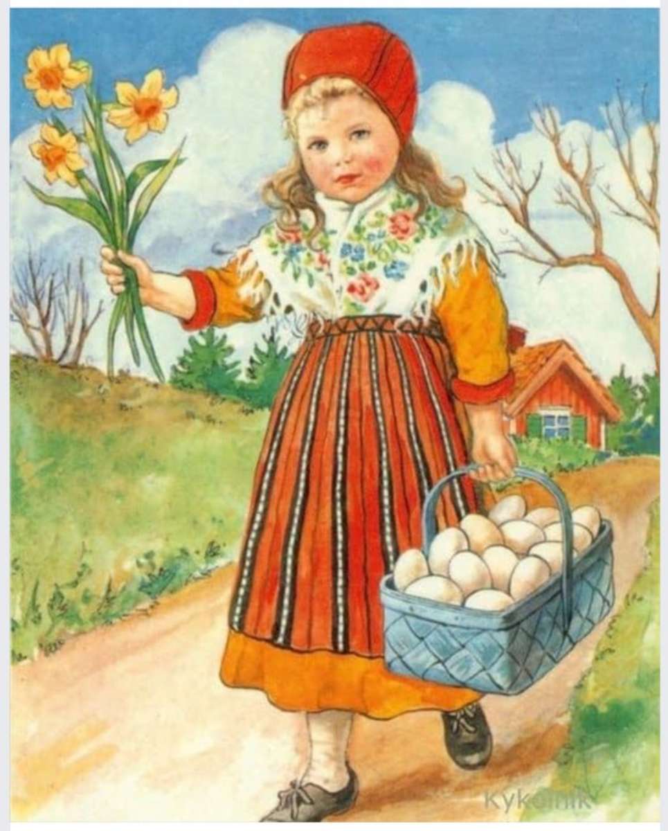 Mała dziewczynka z kwiatami i jajkami puzzle online