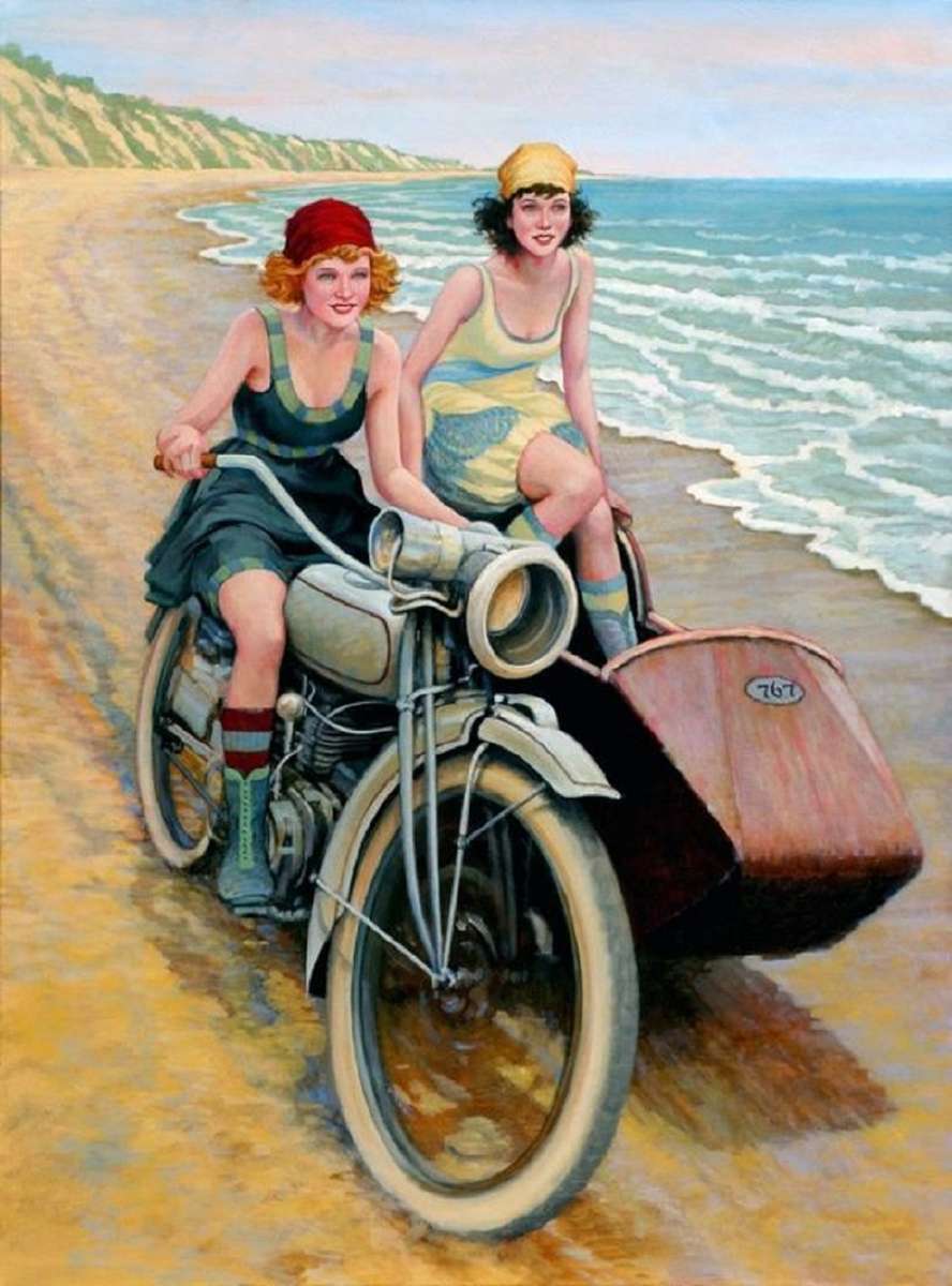 Z motocyklem, na plaży puzzle online