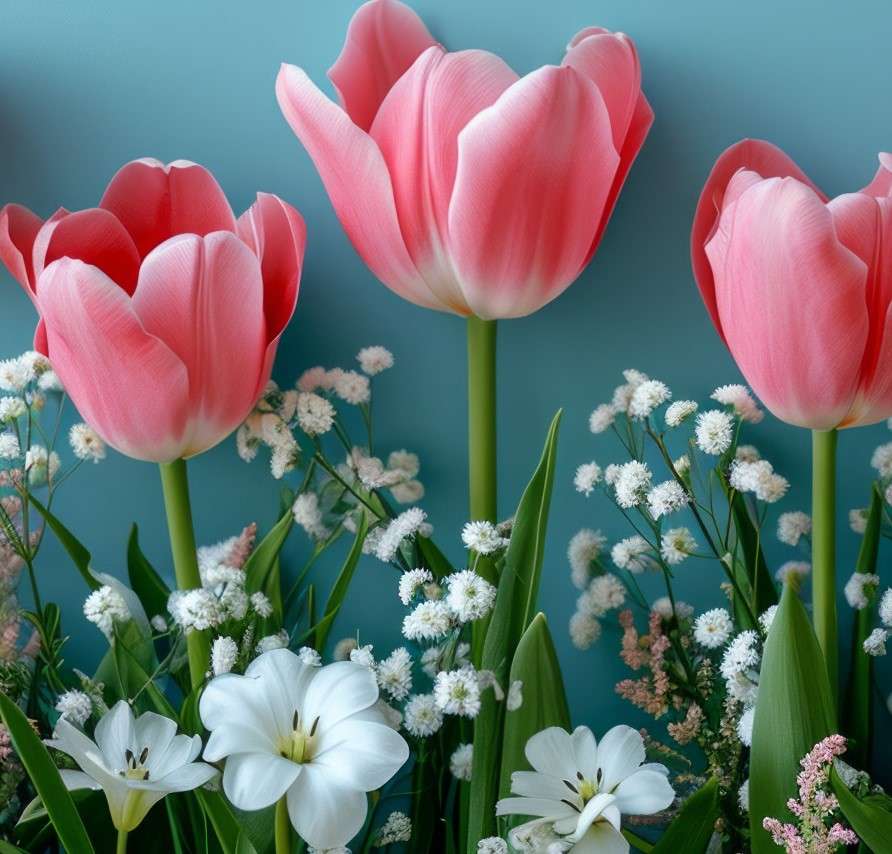 Tulipany wśród białych kwiatuszków puzzle online