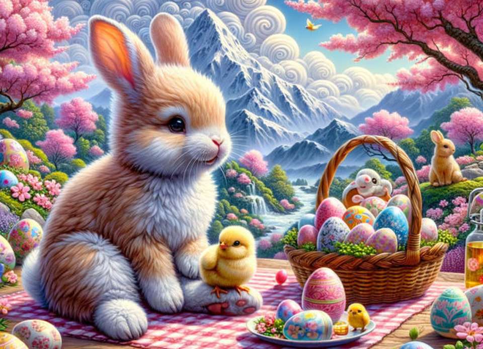 Wesołych Świąt z króliczkami i jajkami puzzle online