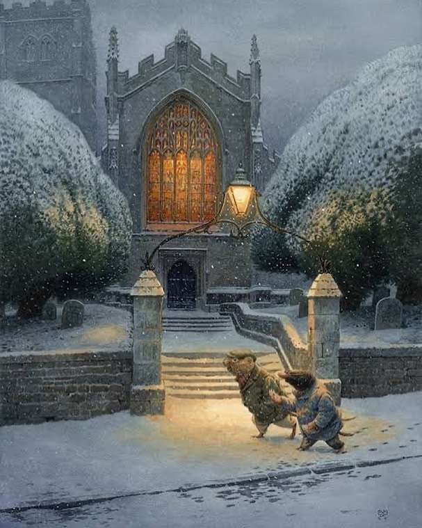 wieczorem przed kościołem na śniegu puzzle online