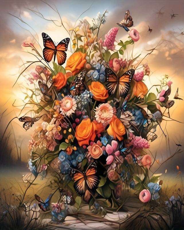 kompozycja kwiatowa z motylami puzzle online