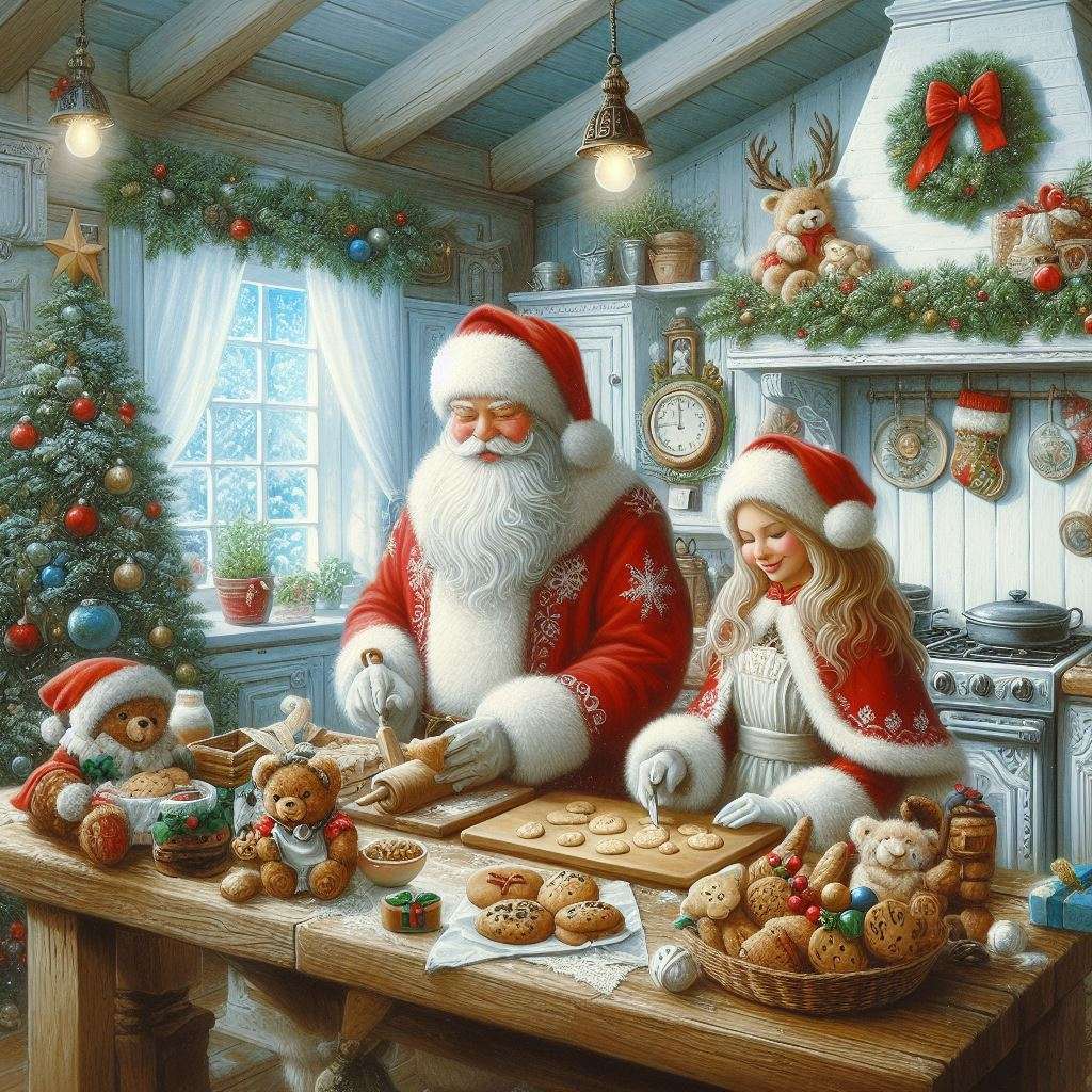 Świąteczne pieczenie w kuchni Święty Mikołaj Ojciec Święty Babcia Mikołajowe ciasta puzzle online