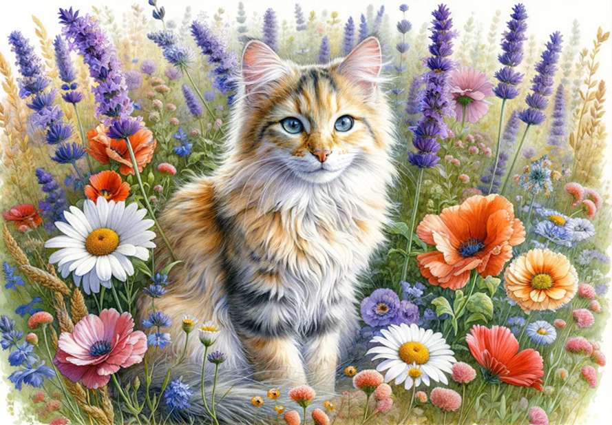 Wiejski kot wśród kwiatów puzzle online