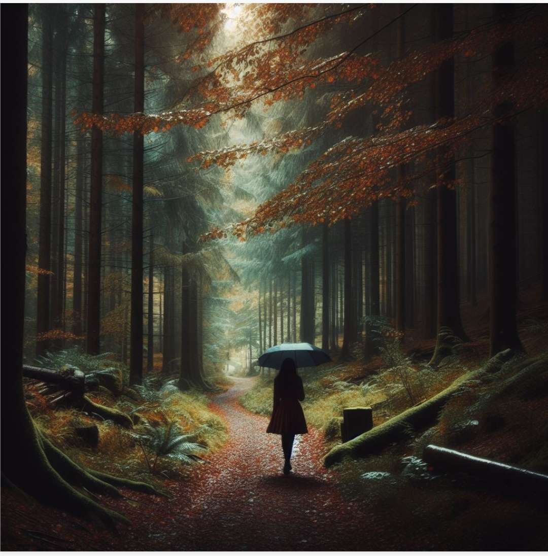 Dziewczyna z parasolem w lesie Al puzzle online