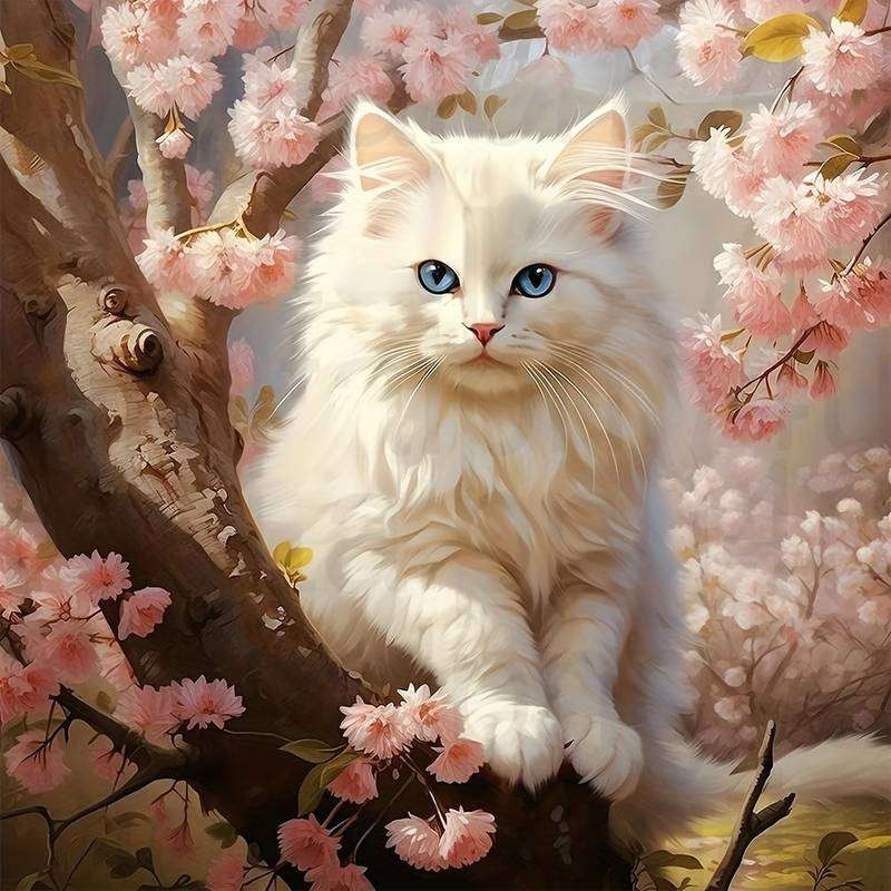 biały kot na drzewie puzzle online