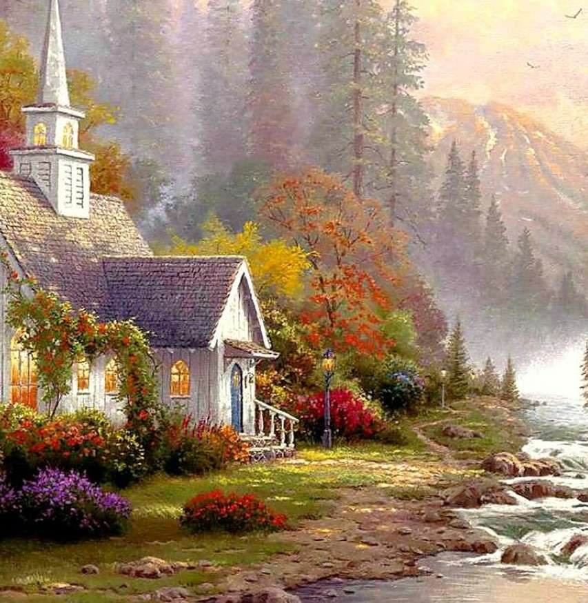 Kościółek przy rzece w górach puzzle online