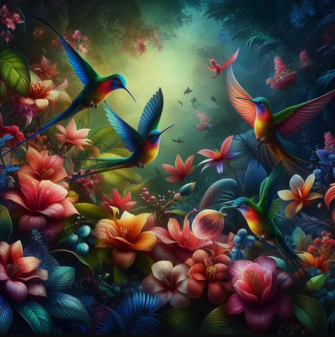 Kolibry i kwiaty Al puzzle online