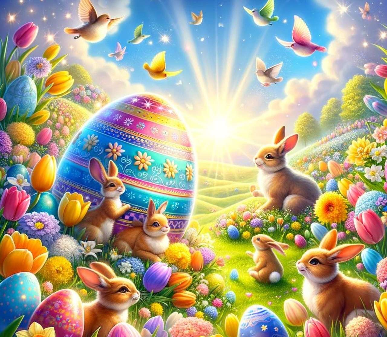 Wesołych Świąt Wielkanocnych z króliczkami i jajkami! puzzle online