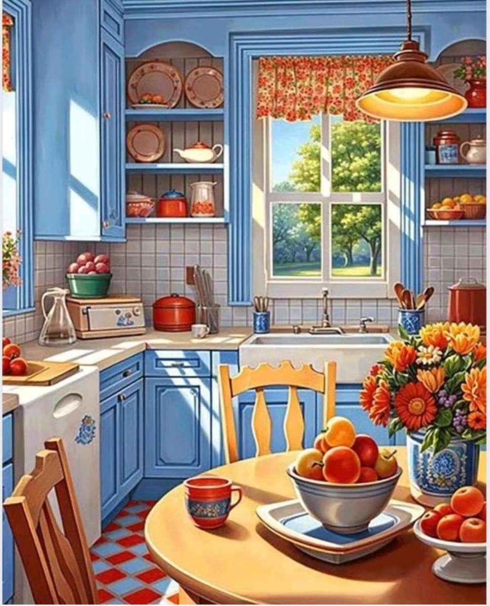 Niebieska kuchnia z kwiatami. puzzle online