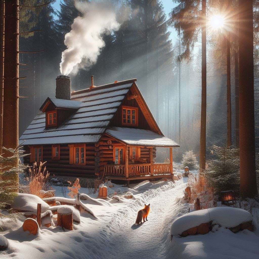 Zimowy las i domek Al puzzle online