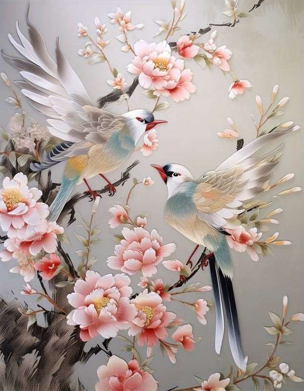 ptaki na gałęzi wiśni - sztuka japońska puzzle online
