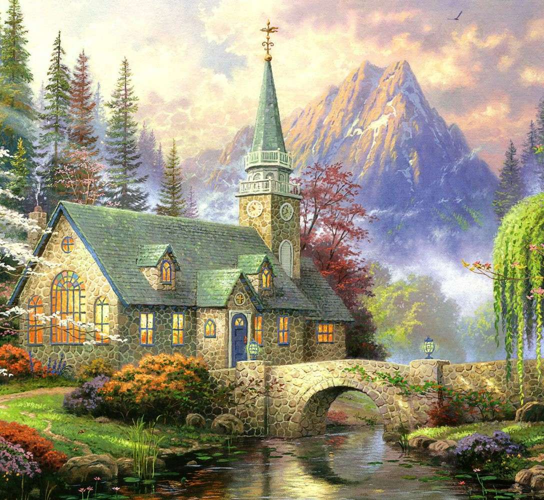 Kościół w górach przy rzece puzzle online