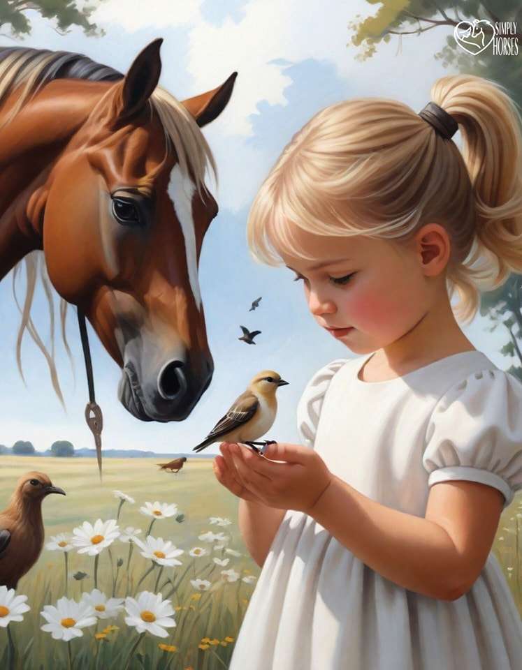 dziewczyna, ptak i koń puzzle online