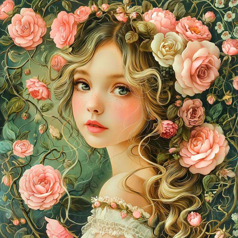 kwiaty we włosach - portret dziewczynki puzzle online