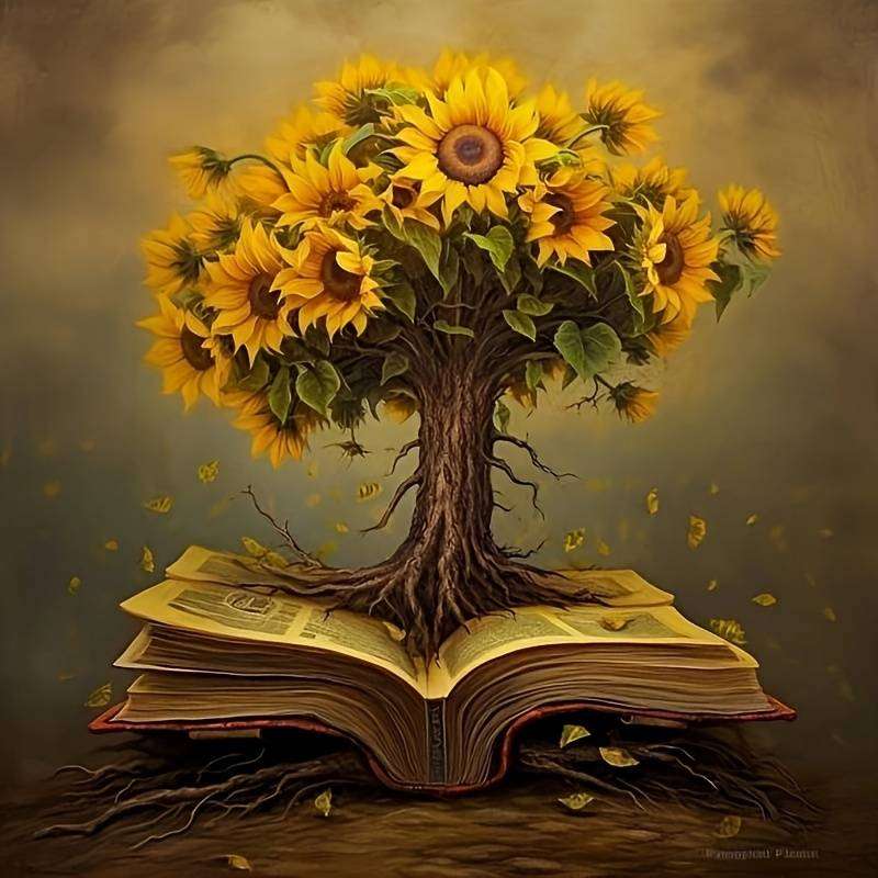 książka, drzewo, kwiaty puzzle online
