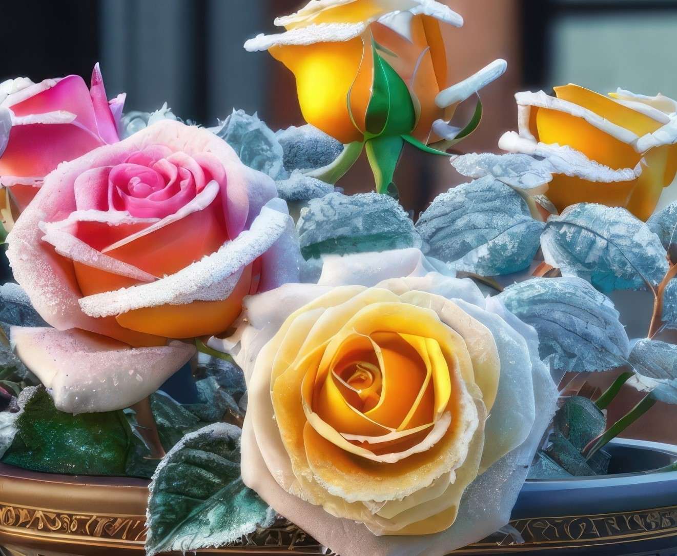 Oszronione róże w wazonie puzzle online