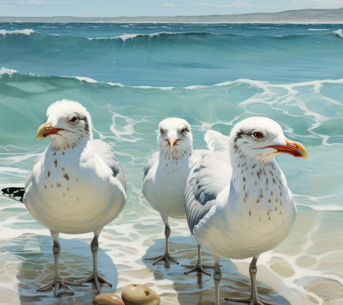 Trzy mewy na morskiej plaży puzzle online