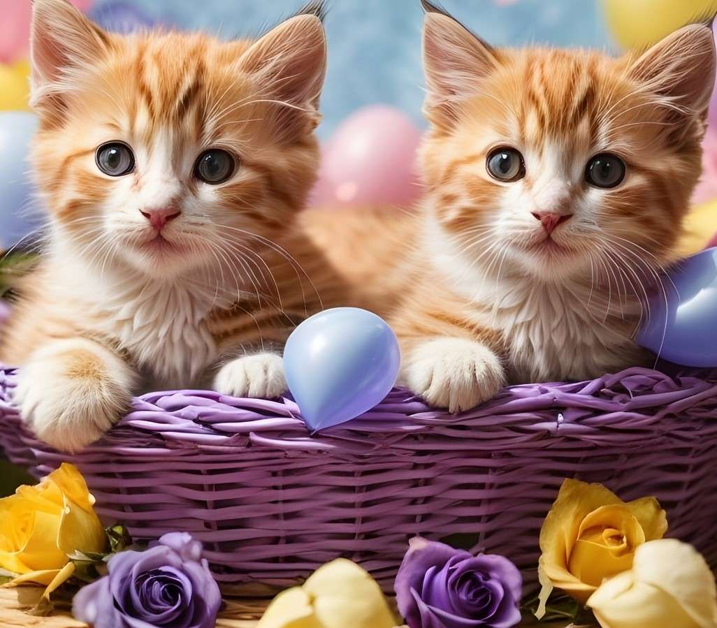 Dwa małe kotki w koszu puzzle online