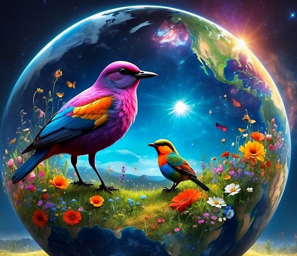 Dwa kolorowe ptaki w kuli puzzle online