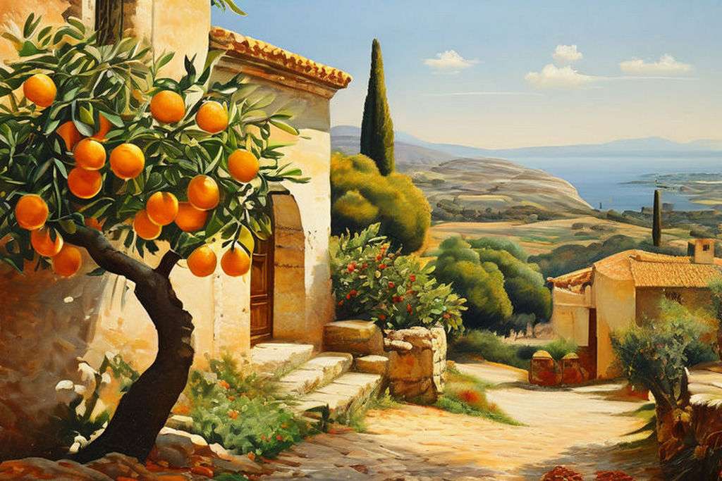 Śródziemnomorski krajobraz z pomarańczami puzzle online