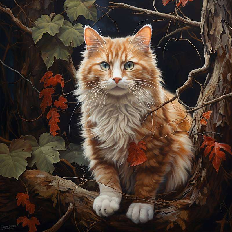 rudy kot siedzi na drzewie puzzle online