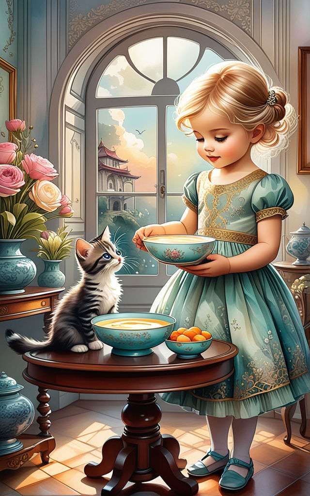 Mała dziewczynka oferująca mleko uroczemu kotkowi puzzle online