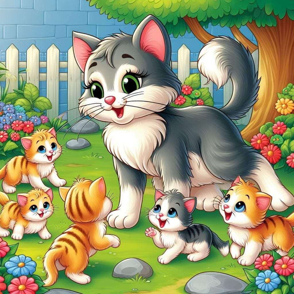 Matka kot bawi się z kociętami puzzle online