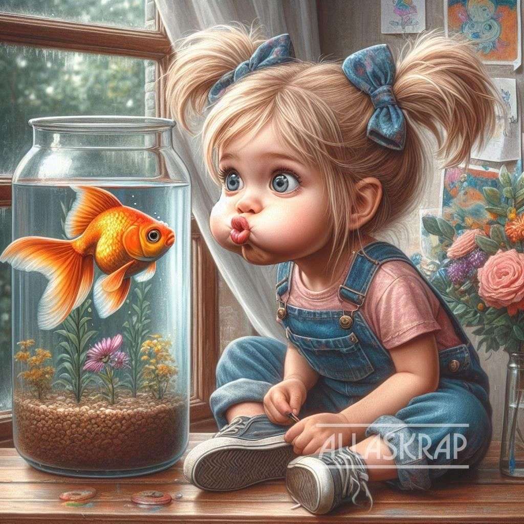 Dziewczyna, która ma rybę w szklance. puzzle online