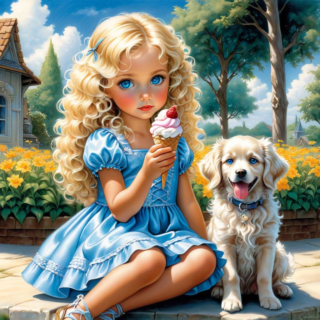 Mała dziewczynka z lodami w ręku i psem puzzle online