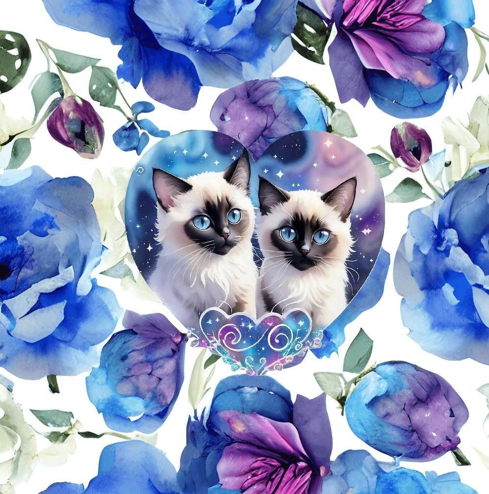 Dwa kociaki syjamskie zagubione na niebieskim polu kwiatów puzzle online