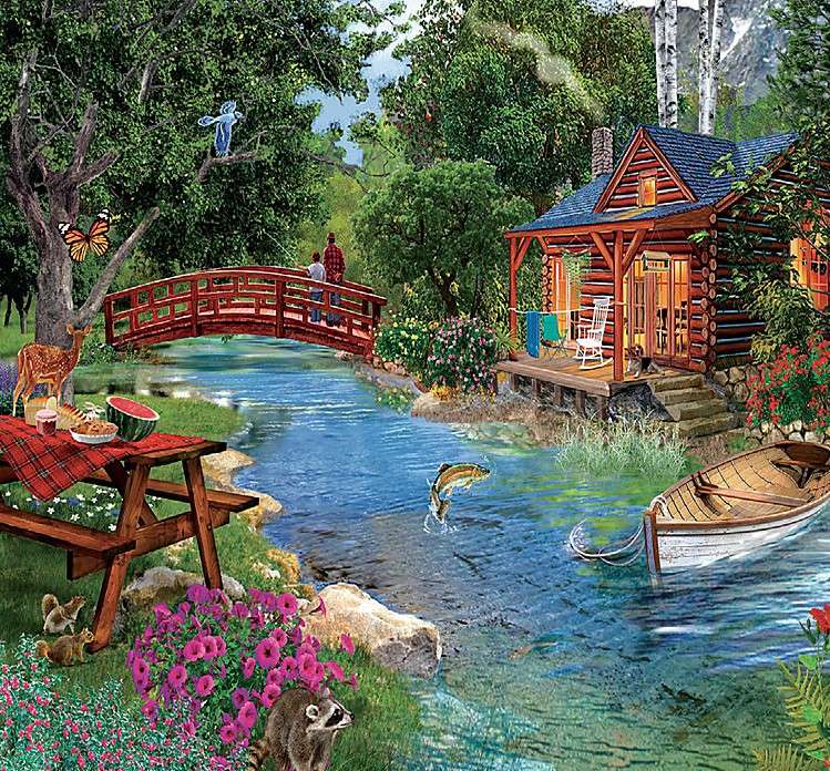 Dom nad rzeką z mostkiem puzzle online