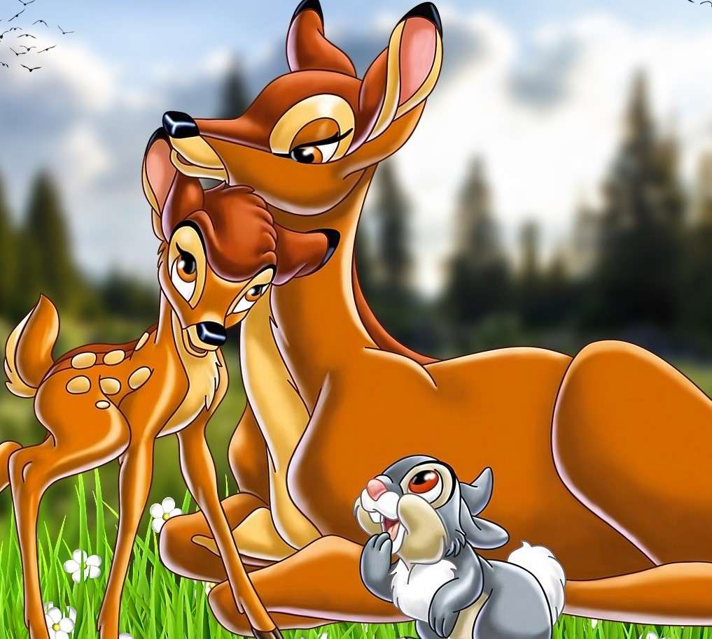 Bambi z mamą i Tuptuś na trawie puzzle online