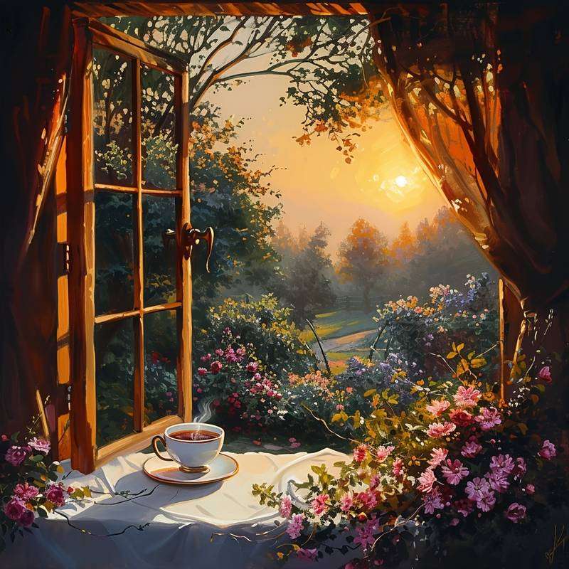 zachód słońca przy filiżance herbaty puzzle online